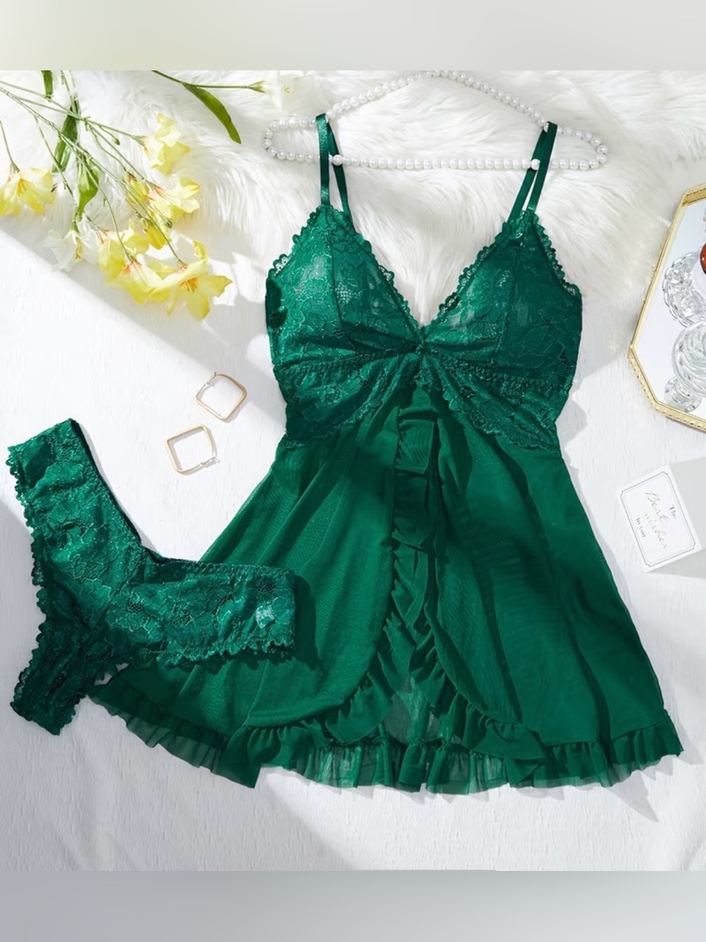 Emerald Green Lace Babydoll Chemise & Bikini Set Size 14
